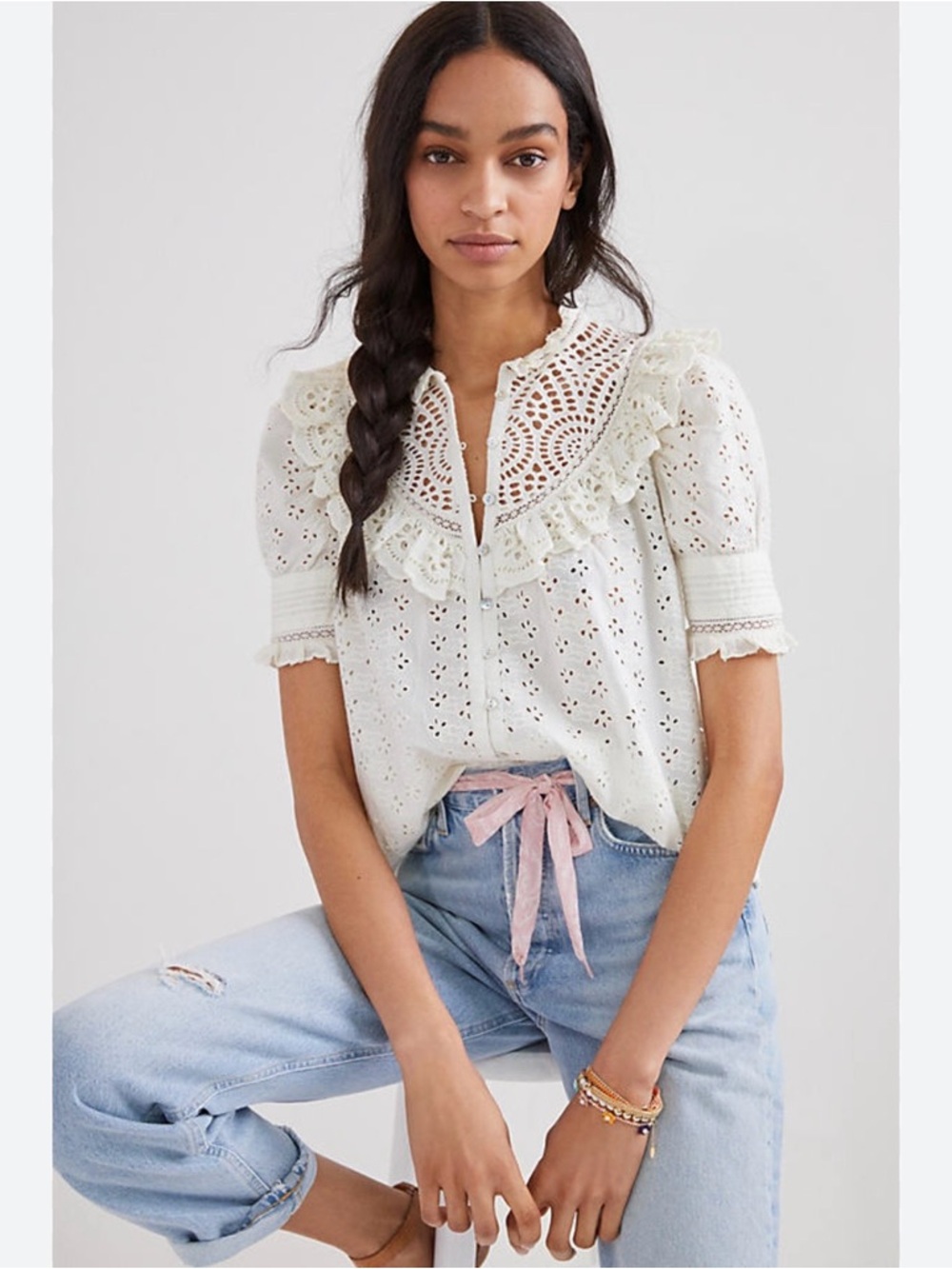Anthropologie Love the Label Dreamer Ruffled Eyelet Ruffle Blouse